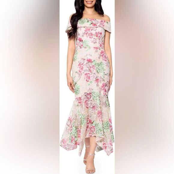 Xscape Floral Off-Shoulder Midi Dress - Pink and Green Size 16 - Picture 1 of 16